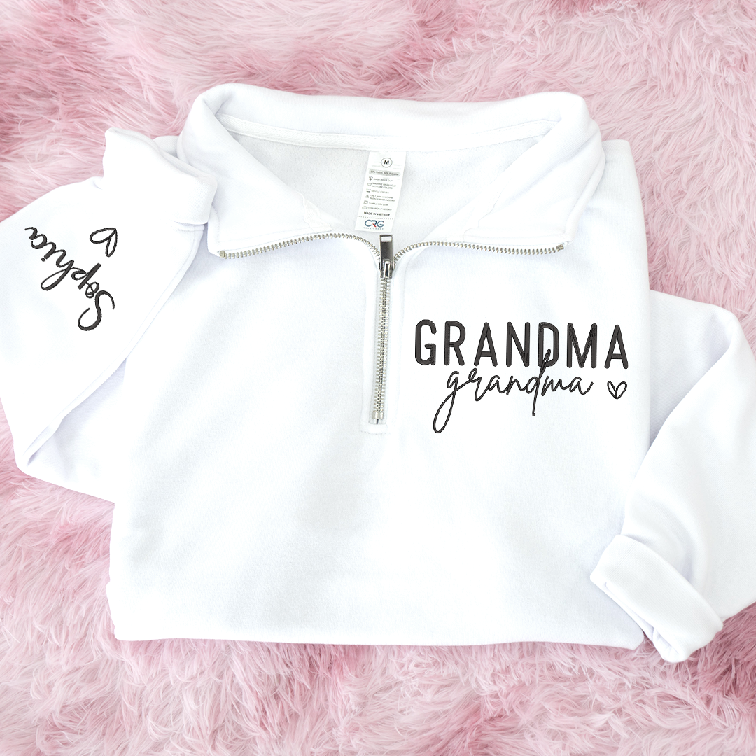 Grandma Heart Sweatshirt, Personalized Grandma And Grandkids Embroidered Quarter Zip Sweater