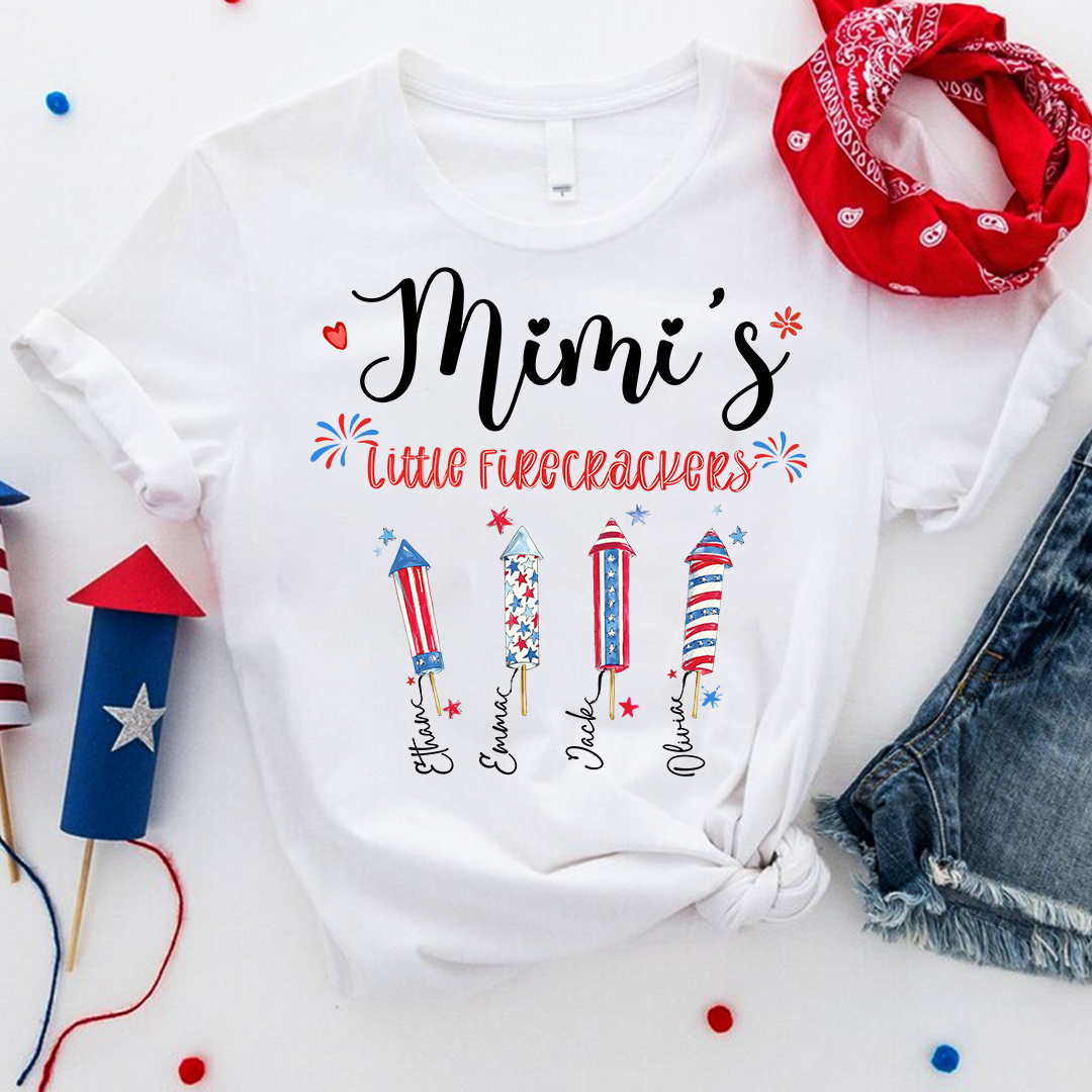 Personalized Mimi's Little Firecrackers T-shirt with Patriotic Fireworks Design, Grandma Gigi Mama Mimi Shirt for 4th of July, Patriotic Gift for Mother's Day