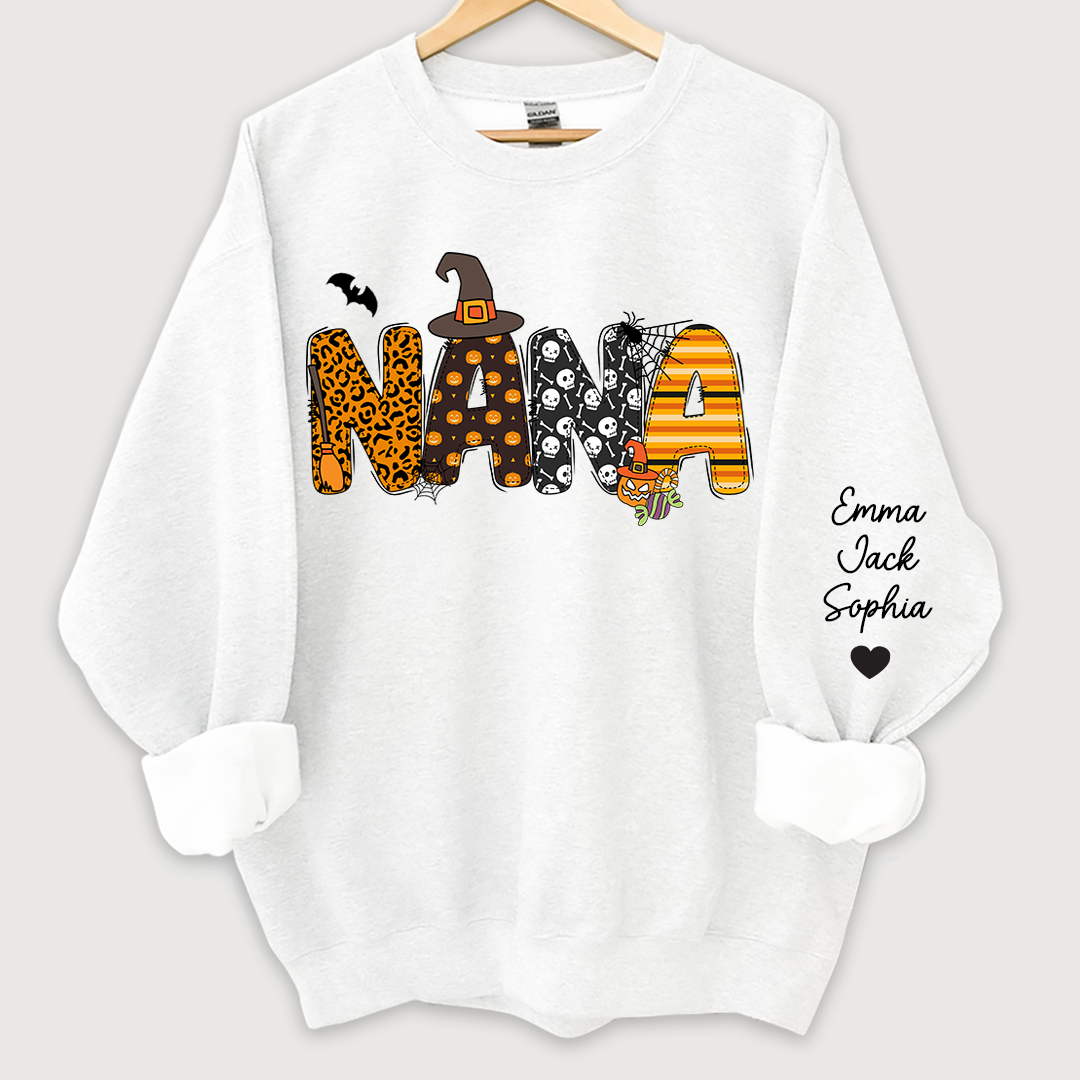 Personalized Halloween Nana Pumpkin Doodle Letters Design And Grandkids Sweatshirt