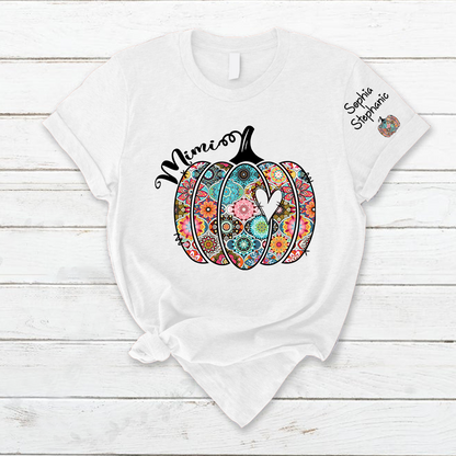 Personalized Mimi Pumpkin With Grandkids Flower T-Shirt