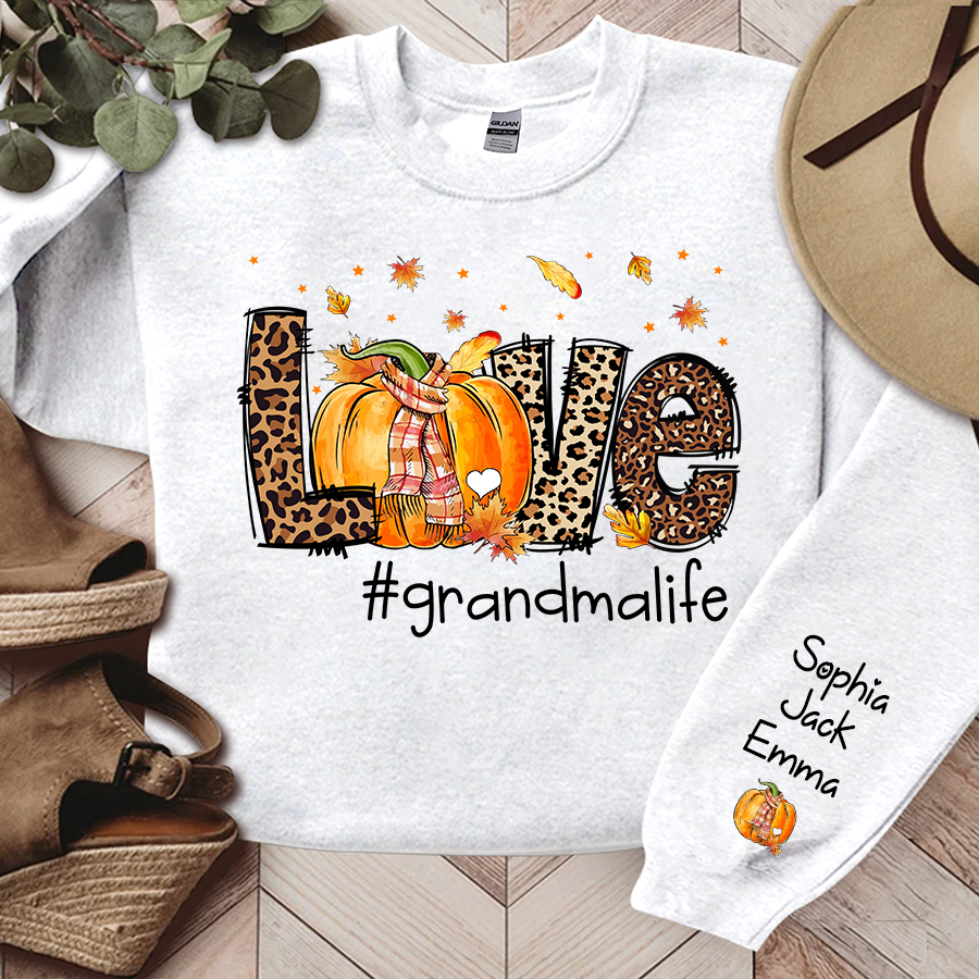 Love Grandma Life Leopard Fall Thanksgiving Halloween Leaves Cute Pumpkin Sweatshirt