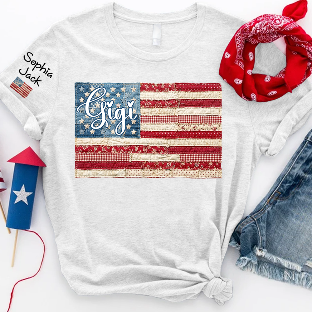 Personalized Gigi Patriotic Patchwork Flag Shirt with Custom Kids Names on Sleeve, Vintage Grandma Family Shirt for Women, 4th of July Birthday Shirt