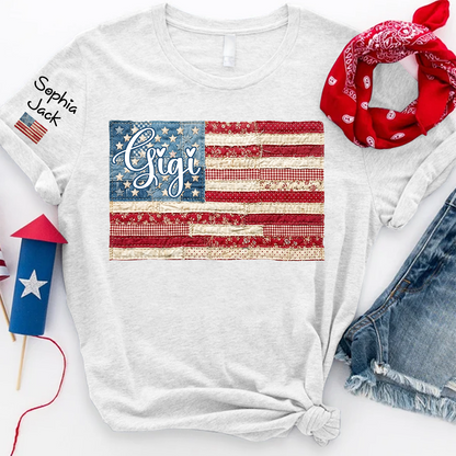 Personalized Gigi Patriotic Patchwork Flag Shirt with Custom Kids Names on Sleeve, Vintage Grandma Family Shirt for Women, 4th of July Birthday Shirt