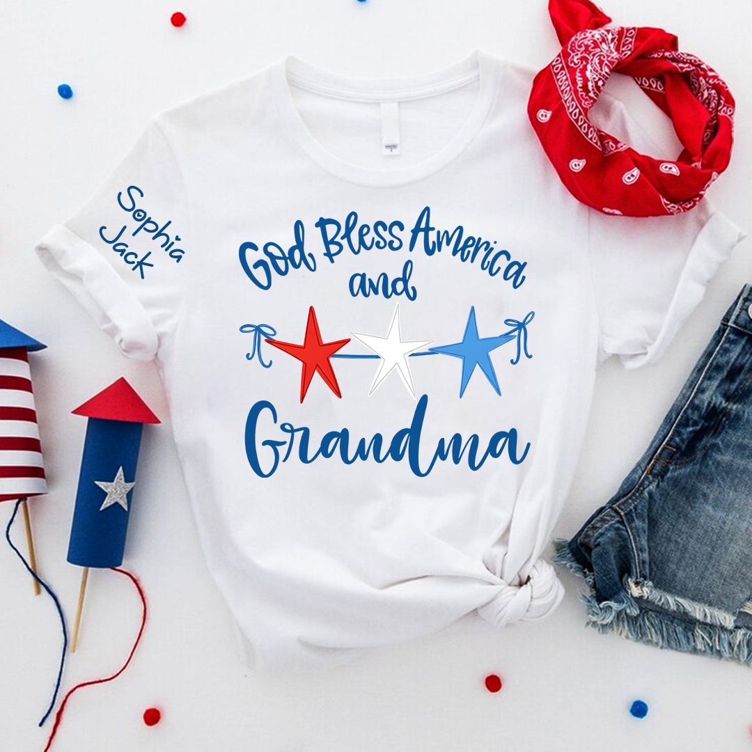 Personalized Custom God Bless America And Grandma T-shirt with Stars Design, Grandma Gigi Mama Mimi Shirt for 4th of July, Patriotic Gift for Mother's Day