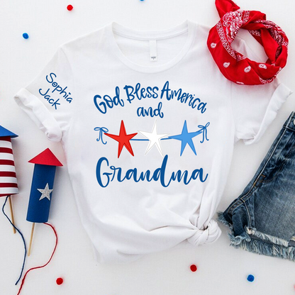 Personalized Custom God Bless America And Grandma T-shirt with Stars Design, Grandma Gigi Mama Mimi Shirt for 4th of July, Patriotic Gift for Mother's Day
