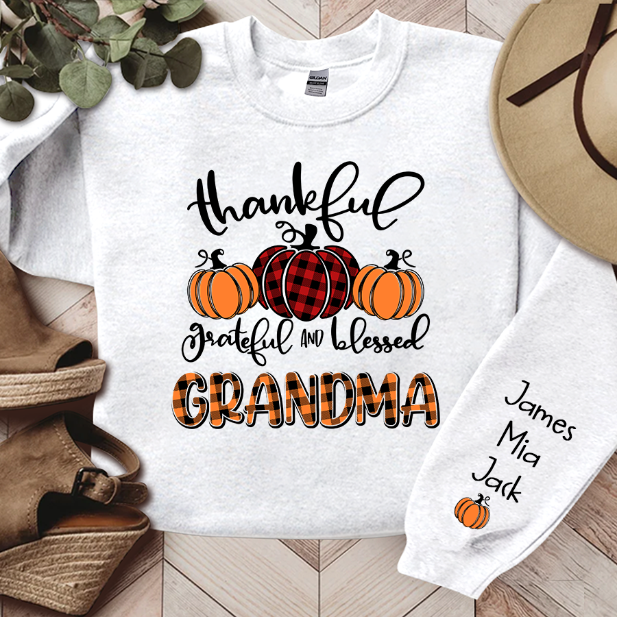 Personalized Thankful Grateful Blessed Grandma Fall Autumn Sweatshirt