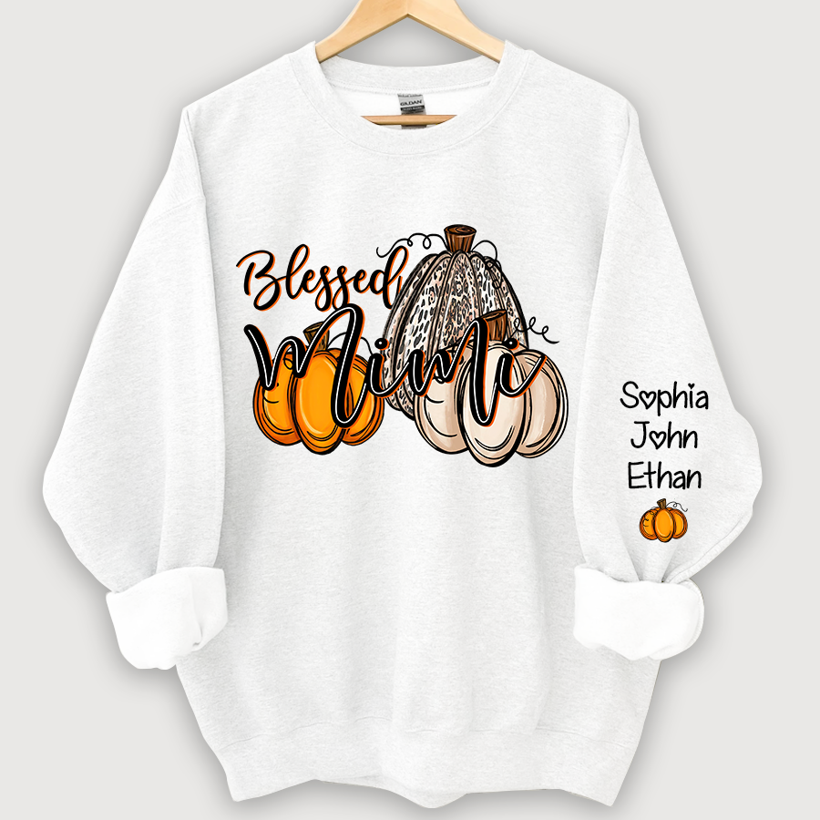 Blessed Mimi With Grandkids Names Thankful Fall Pumpkin Patch Sweatshirt