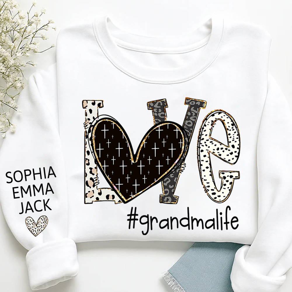Personalized Love grandmalife Sweatshirt Bible Style Design & Custom Grandkids Names on Sleeve Sweatshirt