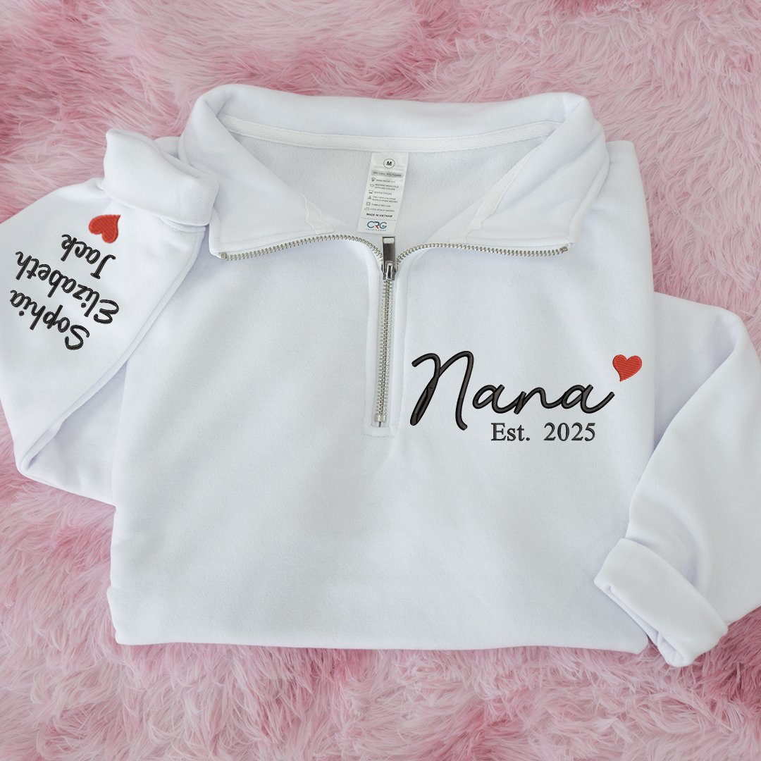 Nana Heart Sweatshirt, Personalized Nana And Grandkids Embroidered Quarter Zip Sweater
