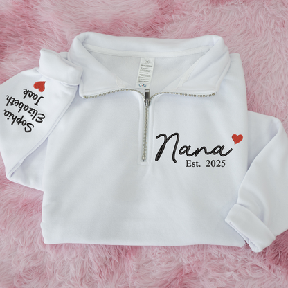 Nana Heart Sweatshirt, Personalized Nana And Grandkids Embroidered Quarter Zip Sweater