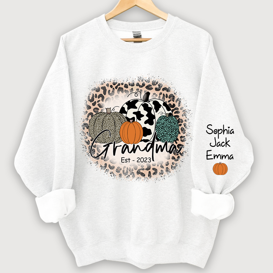 Happy Fall Leopard Pumpkin Grandma Est And Grandkids Autumn Sweatshirt