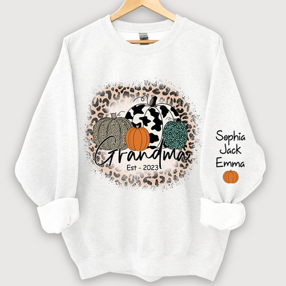Happy Fall Leopard Pumpkin Grandma Est And Grandkids Autumn Sweatshirt