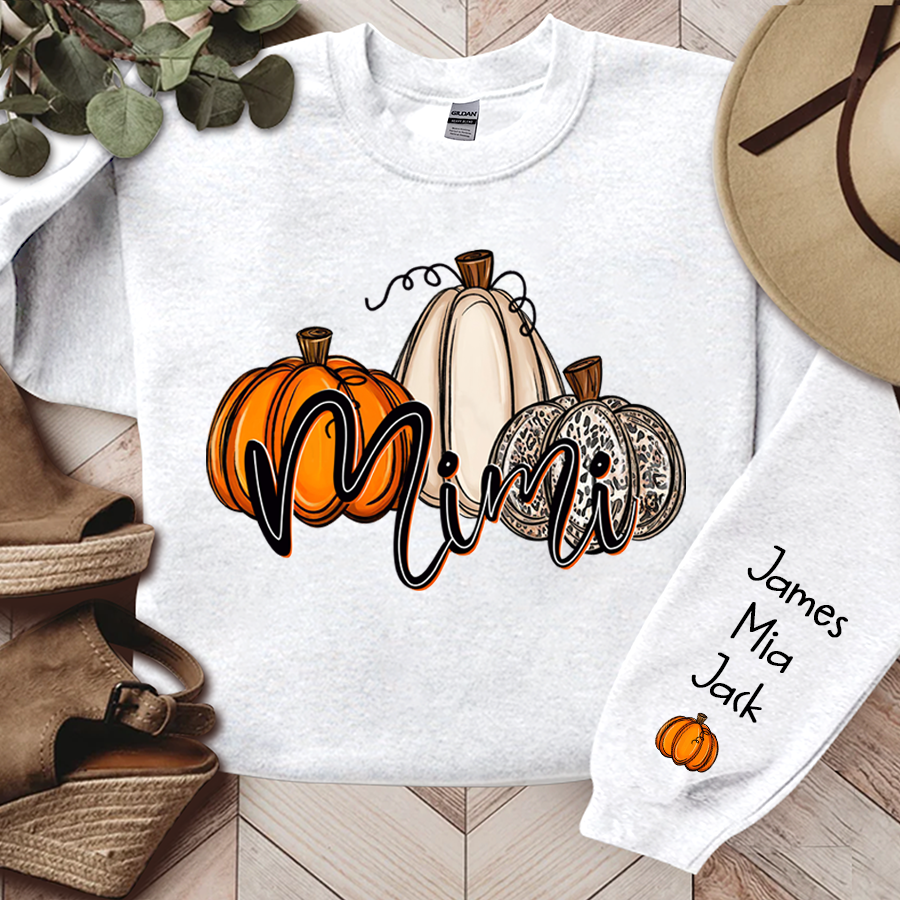 Personalized Mimi Sweatshirt With Grandkid Names On Sleeve, Custom Grandma Mimi Nana Pumpkins Autumn Sweatshirt