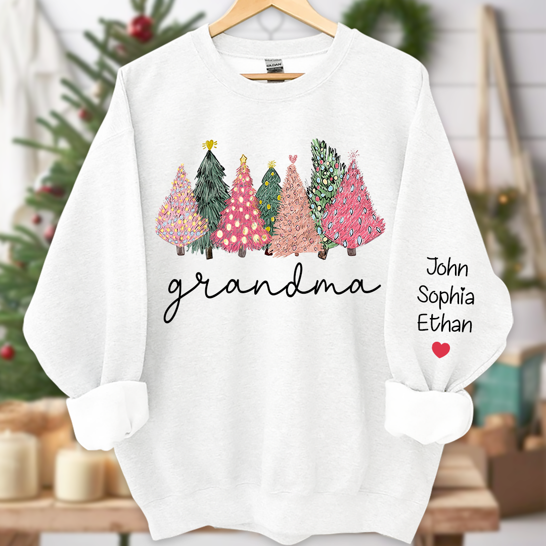 Grandma Christmas trees lights snow pink green cozy winter And Grandkids Names  Sweatshirt