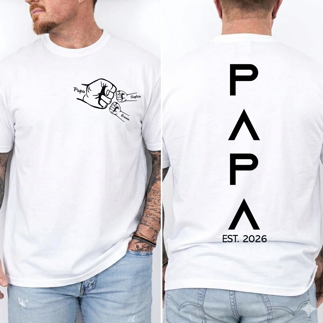 Personalized Papa Fist Bump Shirt with Kids Names, Custom Grandpa Back Print Shirt, Minimalist Papa Year Family Shirt for Fathers Day Birthday Gift