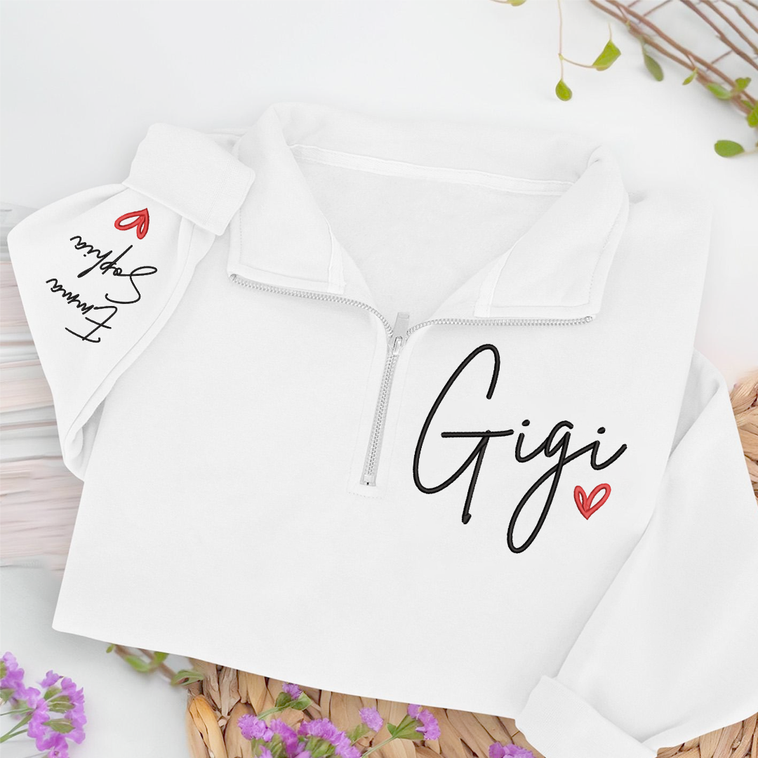 Embroidered Gigi heart Sweatshirt And Grandkids Quarter Zip Sweater