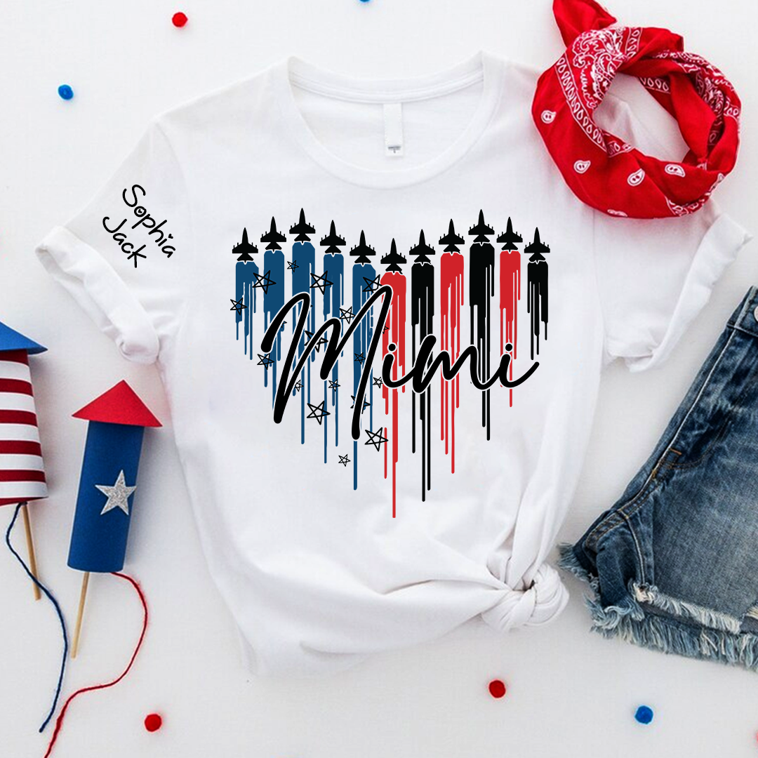 Personalized Mimi Patriotic Jet Heart USA Graphic Tee, Custom Family Nickname Shirt  for 4th of July, Gifts for Mother's Day, Birthday