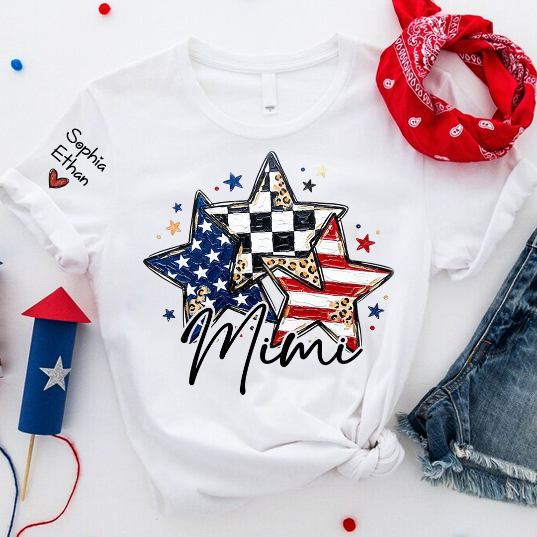 Personalized American Flag Star T-Shirt – Custom Mimi, Gigi, Nana Shirts, Fun Patriotic Gift for Grandparents, Perfect for Mother’s Day, Independence Day, and Birthdays