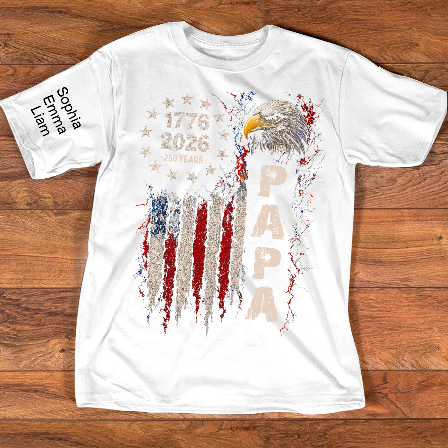 Personalized Papa Patriotic American Flag Shirt with Kids Names on Sleeve, Custom Grandpa Shirt, U.S. 250th Anniversary 250 Years of Freedom, Fathers Day Family Gift