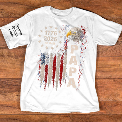 Personalized Papa Patriotic American Flag Shirt with Kids Names on Sleeve, Custom Grandpa Shirt, U.S. 250th Anniversary 250 Years of Freedom, Fathers Day Family Gift