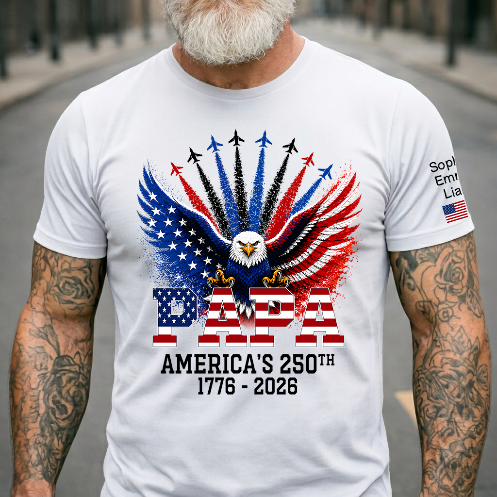 Personalized Grandpa Patriotic Eagle Shirt Custom Kids Names Sleeve, U.S. 250th Anniversary 1776 2026, Gift For Father's Day Birthday