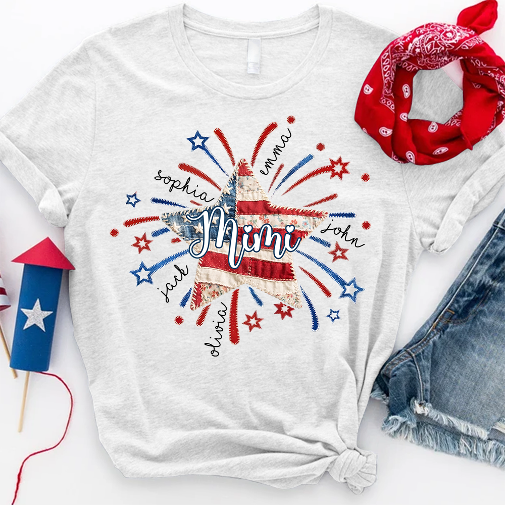 Personalized Mimi Patriotic Patchwork Star Shirt Custom Kids Names, American Flag Fireworks Graphic T Shirt for Grandma Nana Gigi, 4th of July Family Gift