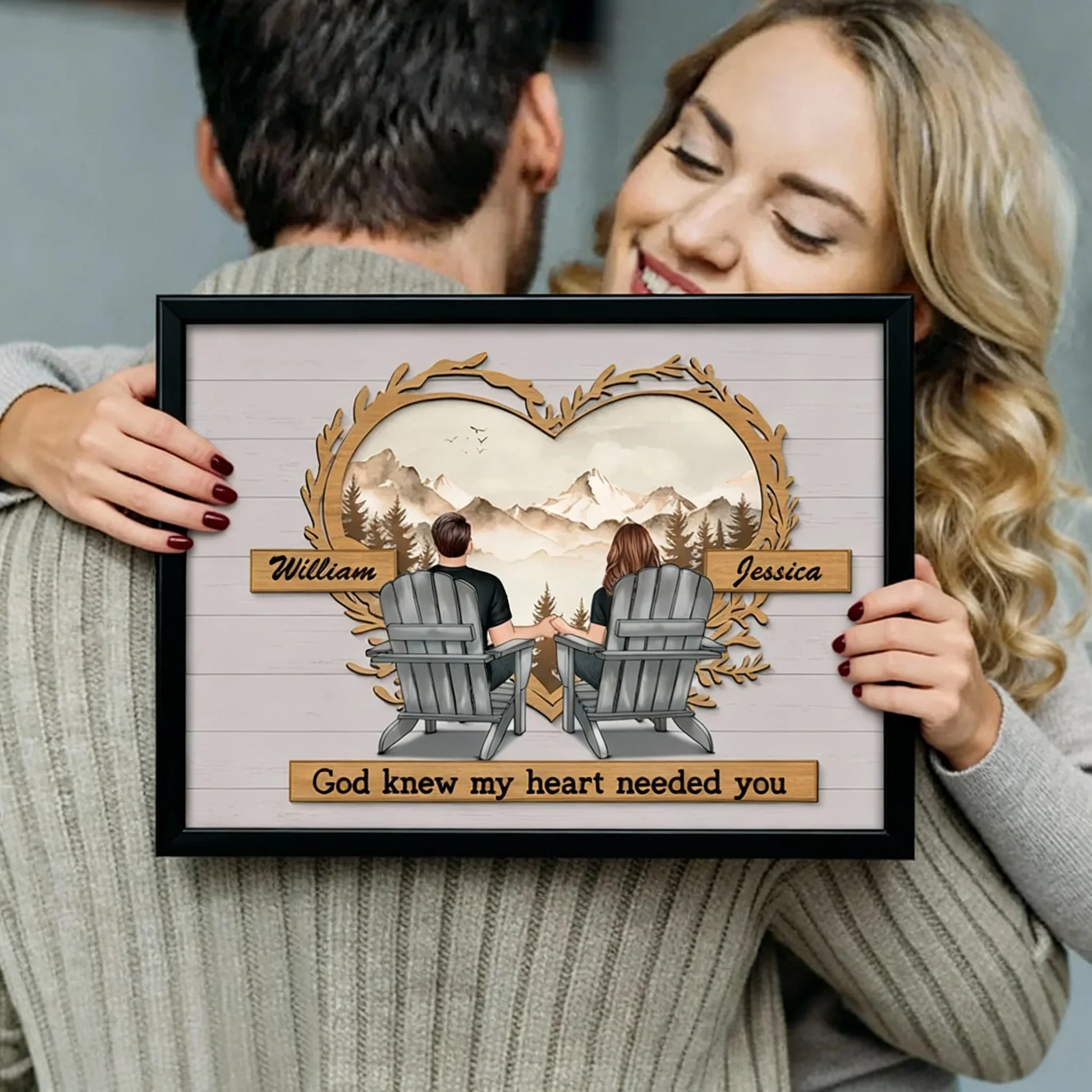 Couple Mountain View Poster – “God Knew My Heart Needed You” wall art, a perfect romantic gift for couples Poster