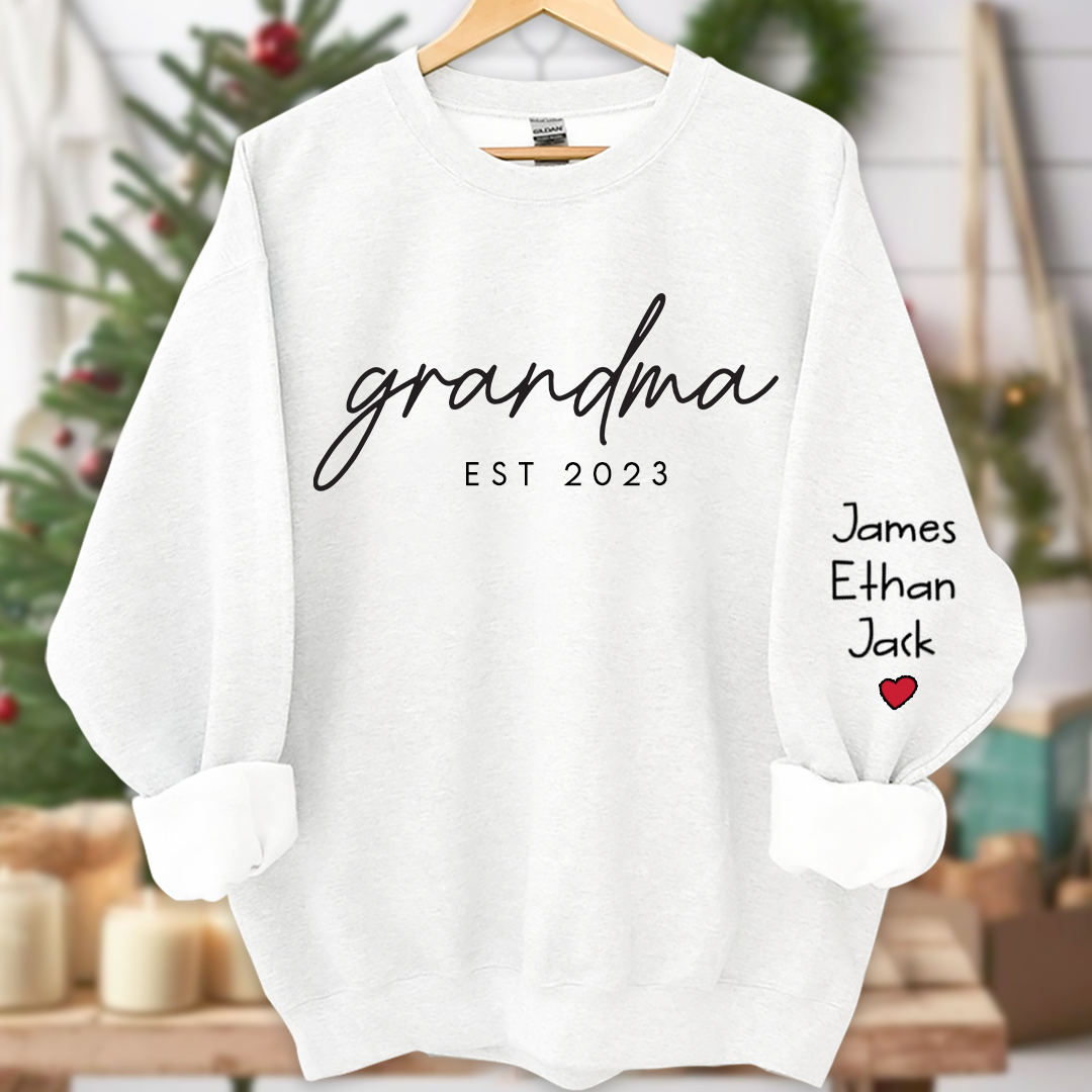 Personalized Grandma Est Sweatshirt, Custom Grandma and Grandkids Name On Sleeve Sweatshirt, Mother's Day Gift For Mom Grandma Mimi Nana Gigi Grammy