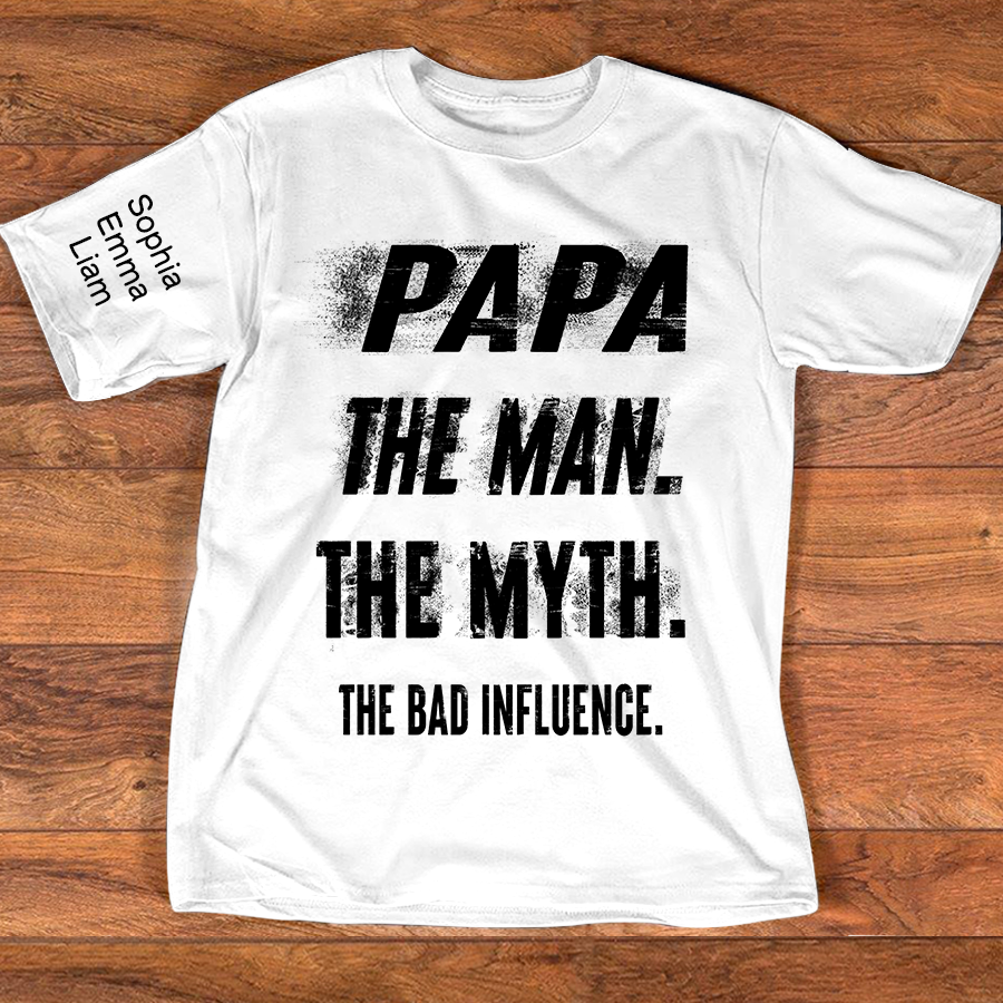 Personalized Papa Shirt with Kids Names, The Man Myth Bad Influence Grandpa Tee, Fathers Day Birthday Christmas Gift