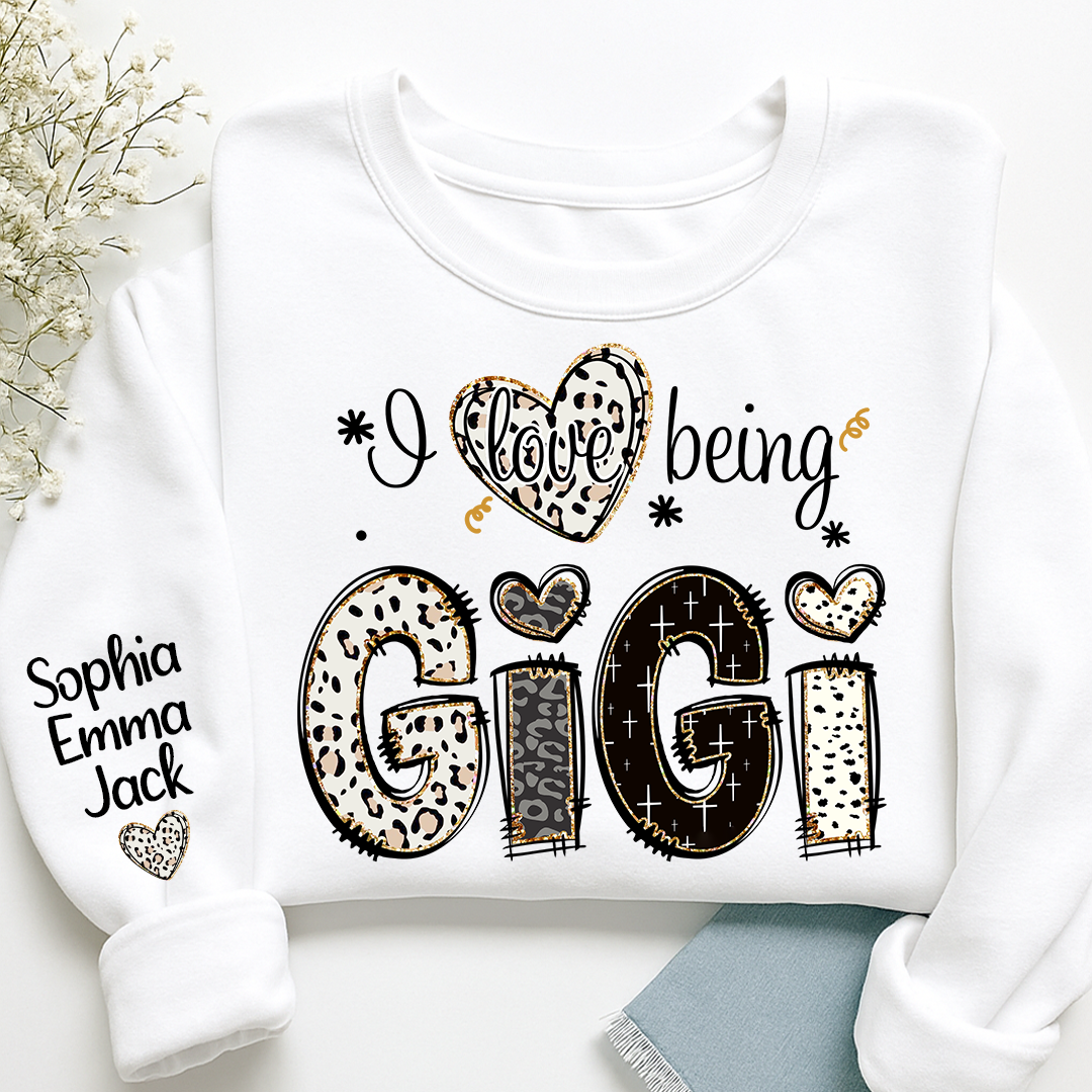 I love being Gigi Bible Style Gift For Grandma And Grandkids Names on Sleeve Sweatshirt