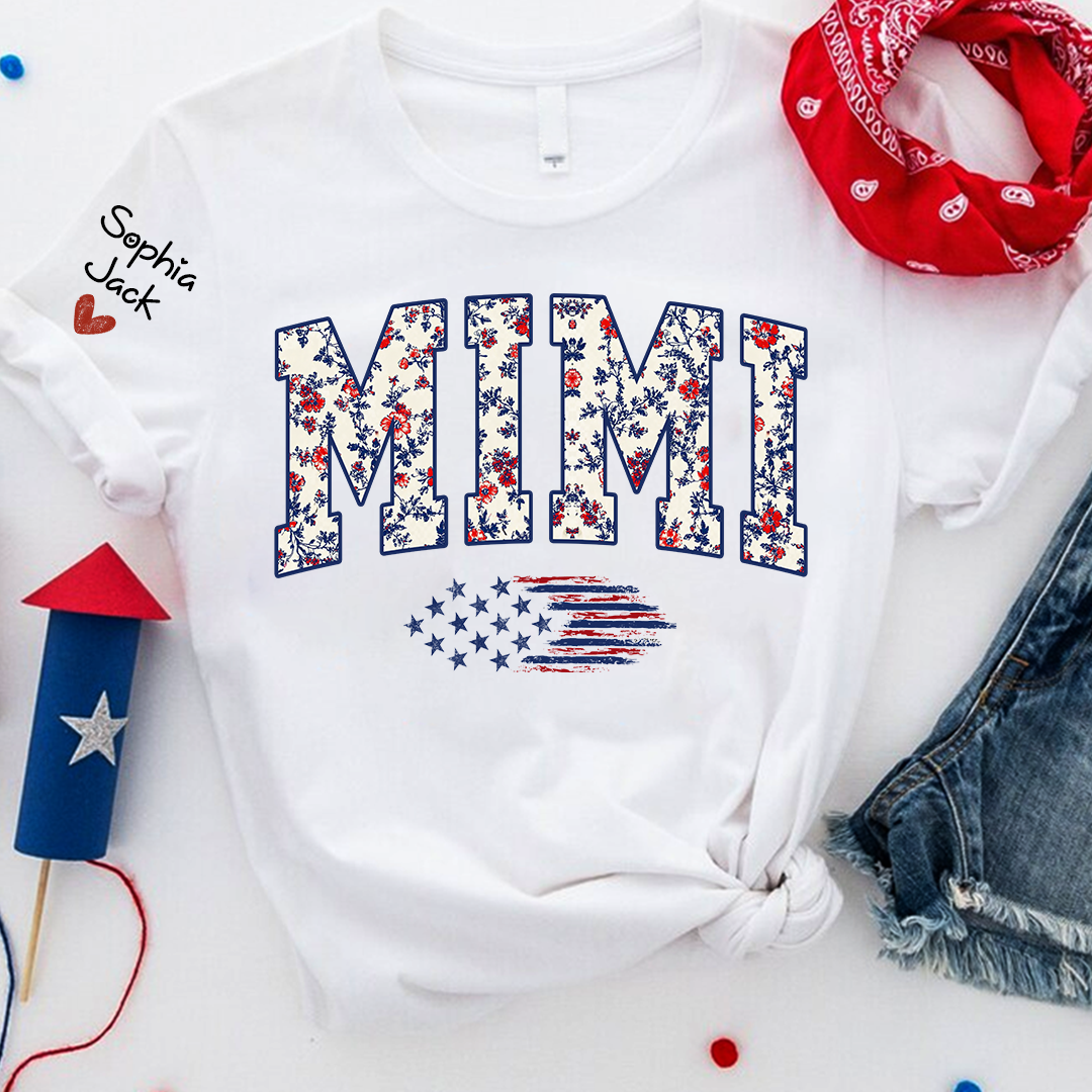 Personalized Floral Mimi Flag American T-shirt - Custom Family Nickname Shirt with USA Flag Design for 4th of July, Perfect for Nana, Gigi, Grandma