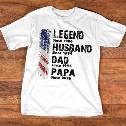 Personalized Legend Husband Dad Papa Shirt Since Year Custom Name Patriotic USA Flag, U.S. 250th Anniversary Family Gift for Men Fathers Day Birthday