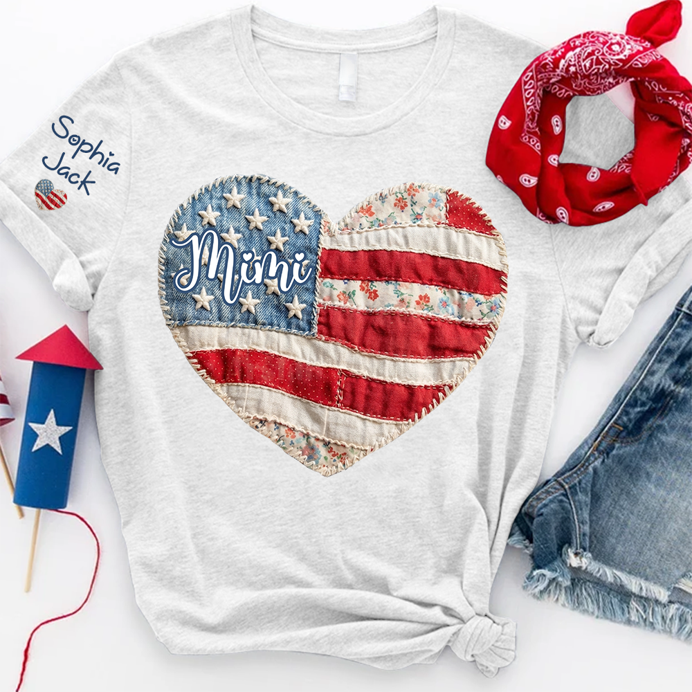Personalized Patriotic Grandma Heart Shirt, Custom Mimi Nana Gigi Floral Flag Tee with Kids Names Sleeve, American Flag Patchwork 4th of July Gift for Grandma Mothers Day Birthday Shirt