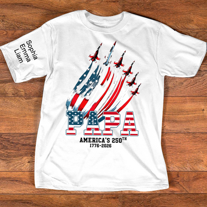 Personalized Papa Patriotic American Flag Shirt with Kids Names, Custom Family Nickname T-Shirt for Dad Fathers Day 4th of July America’s 250th 1776-2026