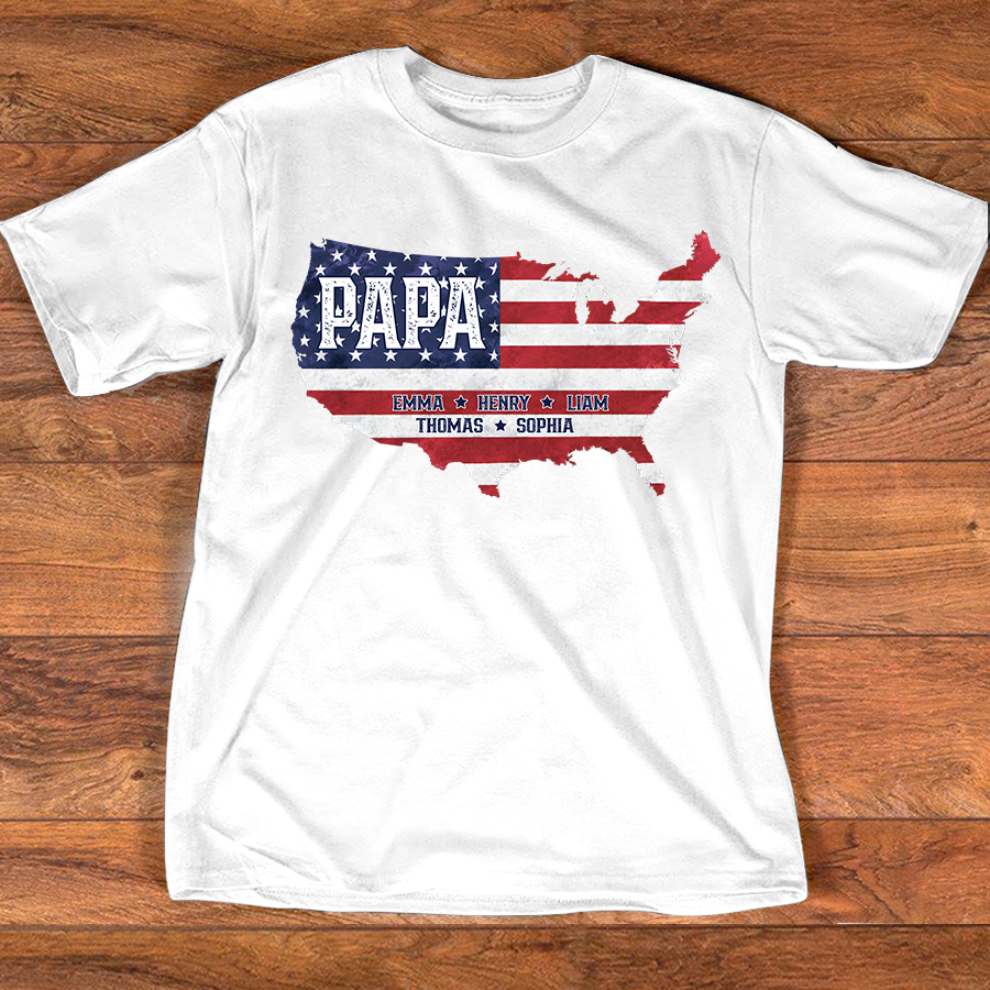 Personalized Papa American Flag Map Shirt Custom Kids Names, Patriotic Family Shirt for Dad Grandpa, Father's Day 4th of July