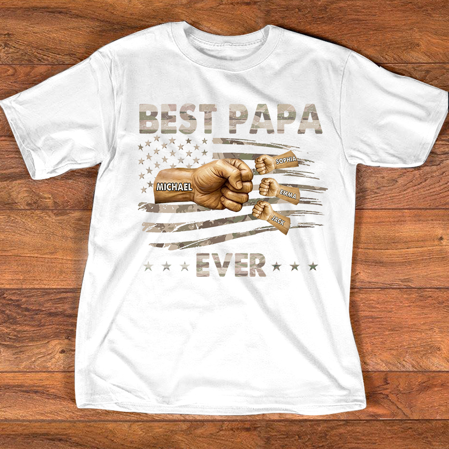 Personalized Best Papa Ever Shirt, Custom Fist Bump Family Names Tee for Papa Grandpa Dad, Patriotic American Flag Fathers Day Shirt