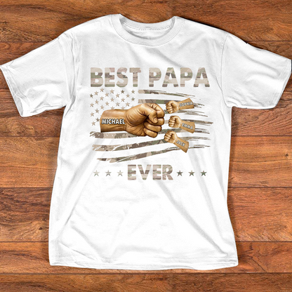 Personalized Best Papa Ever Shirt, Custom Fist Bump Family Names Tee for Papa Grandpa Dad, Patriotic American Flag Fathers Day Shirt