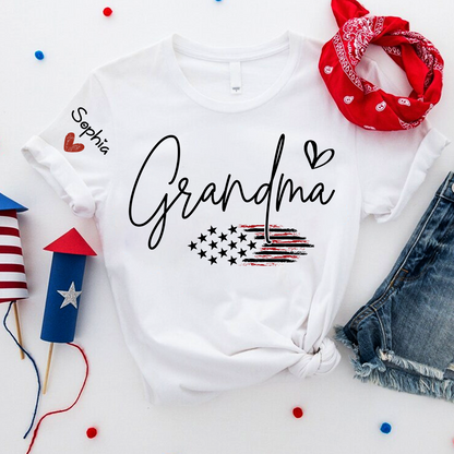 Personalized Grandma American Flag T-Shirt, Custom Design with Name, Patriotic Family Shirt for 4th of July, Gifts for Mother's Day, Birthday