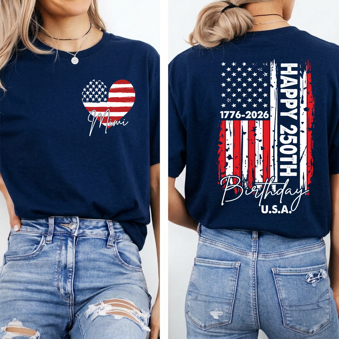 Personalized Mimi Patriotic Heart Flag Shirt, Happy 250th Birthday USA Grandma Shirt for Nana Gigi Mimi, 250 Years of Freedom 4th of July Comfort Colors® Shirt