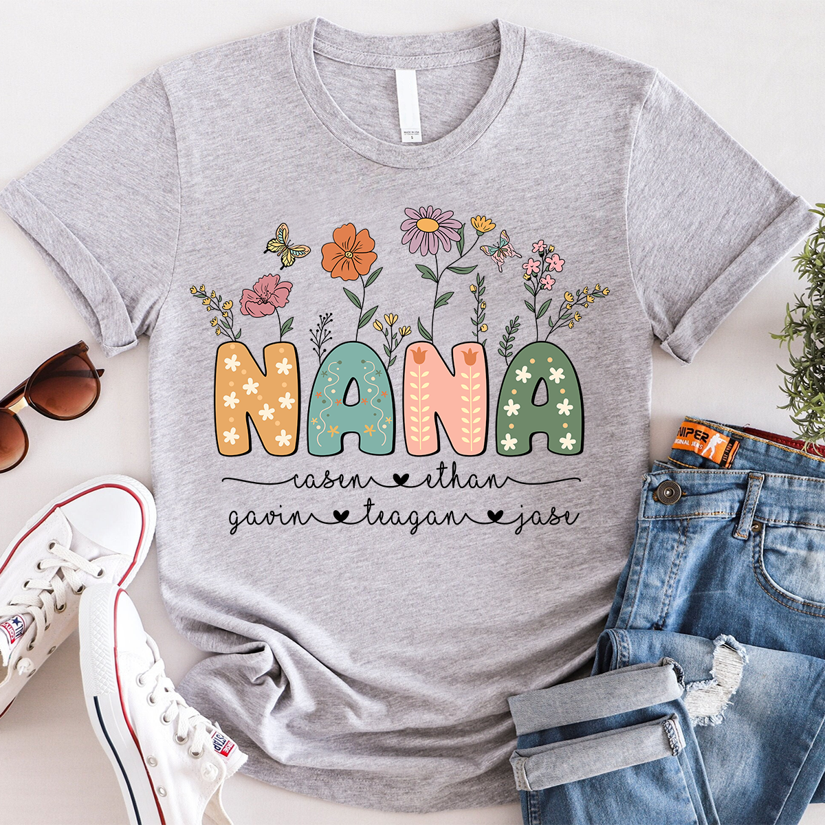 Personalized Floral Nana Shirt, Custom Grandma With Grandkids Mothers Day Gift T-Shirt