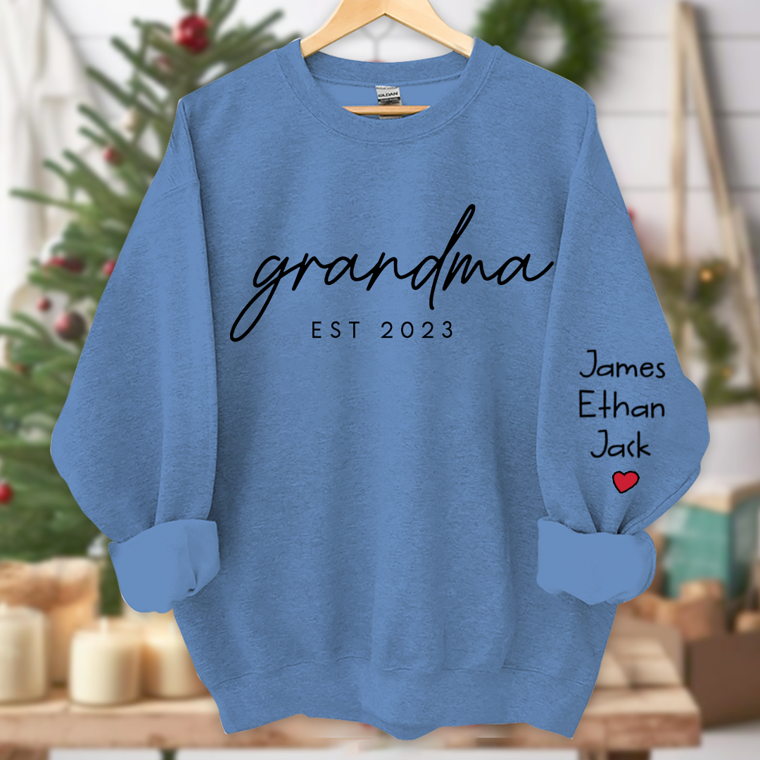 Personalized Grandma Est Sweatshirt, Custom Grandma and Grandkids Name On Sleeve Sweatshirt, Mother's Day Gift For Mom Grandma Mimi Nana Gigi Grammy