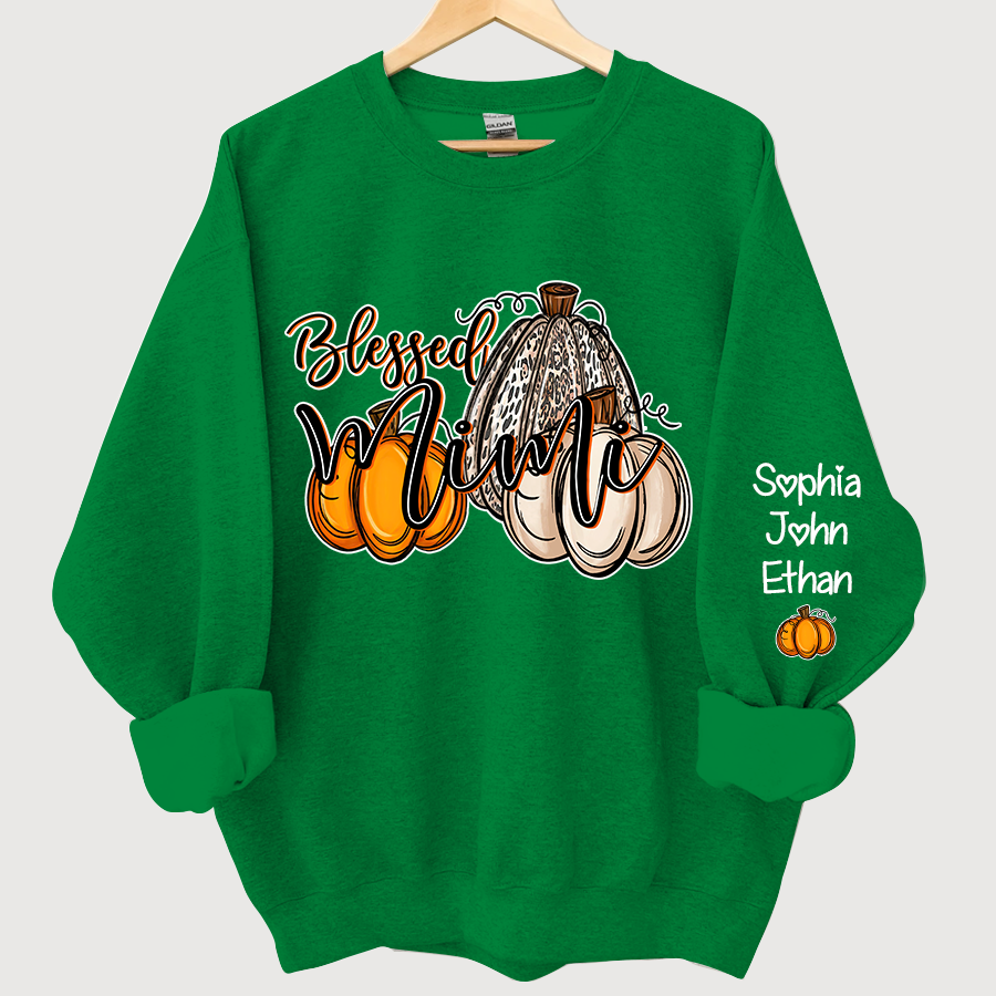 Blessed Mimi With Grandkids Names Thankful Fall Pumpkin Patch Sweatshirt