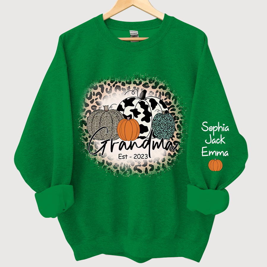Happy Fall Leopard Pumpkin Grandma Est And Grandkids Autumn Sweatshirt