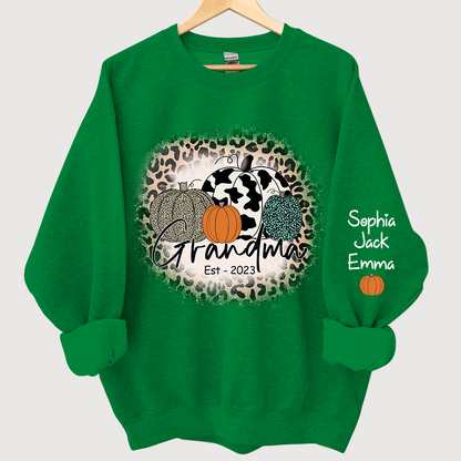 Happy Fall Leopard Pumpkin Grandma Est And Grandkids Autumn Sweatshirt