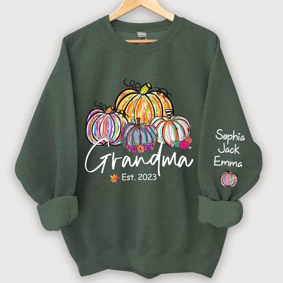 Personalized Grandma Est Painted Color Pumpkin And Grandkids Autumn Sweatshirt