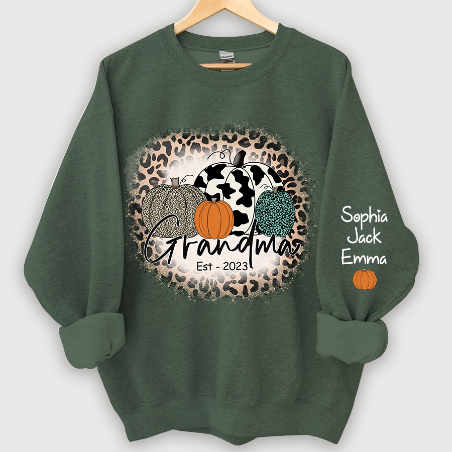Happy Fall Leopard Pumpkin Grandma Est And Grandkids Autumn Sweatshirt