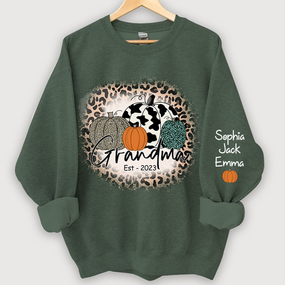 Happy Fall Leopard Pumpkin Grandma Est And Grandkids Autumn Sweatshirt