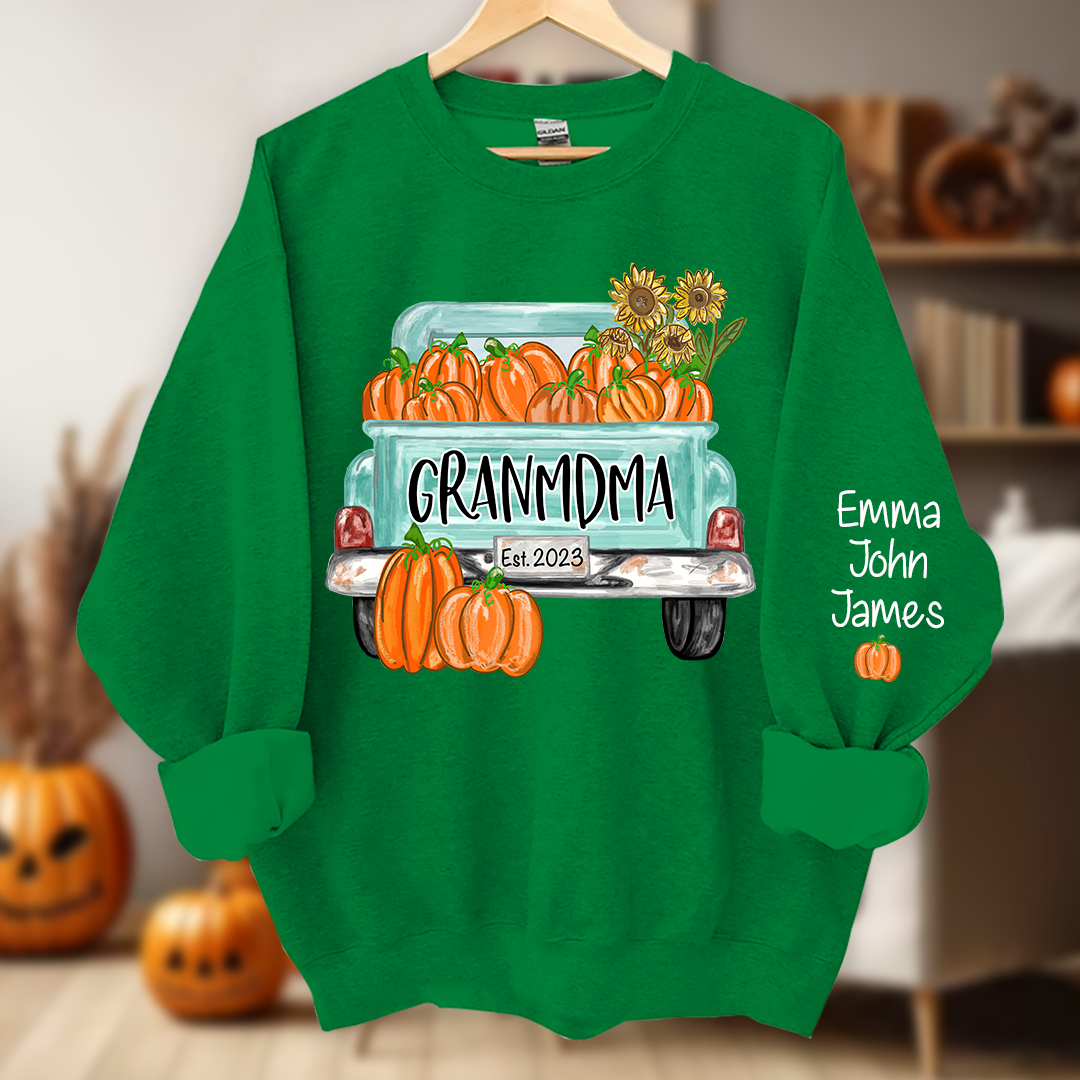 Grandma Truck with Pumpkins Flower Autumn And Grandkids Sweatshirt