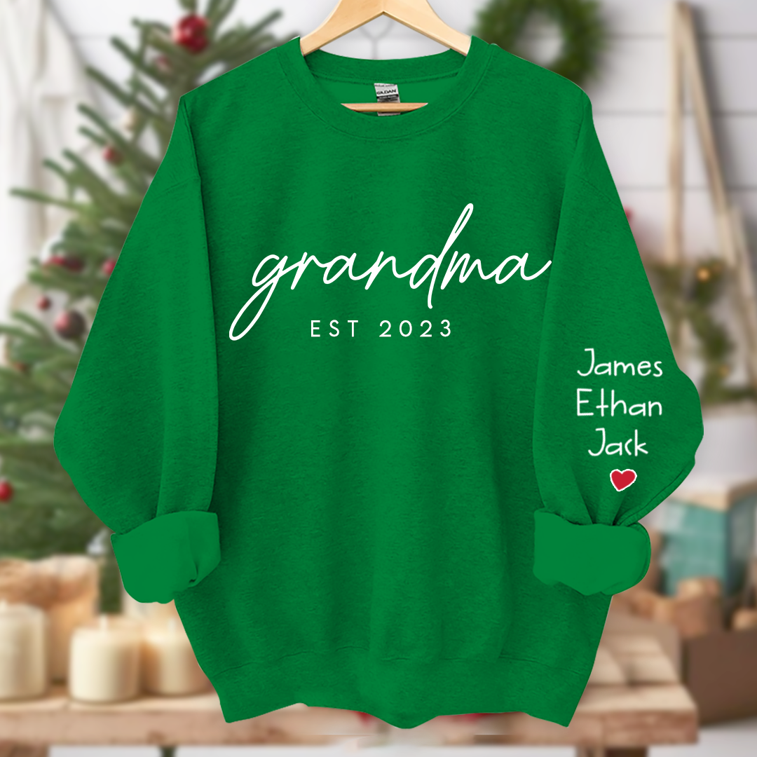 Personalized Grandma Est Sweatshirt, Custom Grandma and Grandkids Name On Sleeve Sweatshirt, Mother's Day Gift For Mom Grandma Mimi Nana Gigi Grammy