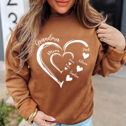 Personalized Generations Heart Sweatshirt – Grandma & Mom Custom Names – Double Heart Family Christmas Gift